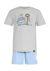 Boys 4-7 Two Piece Short Sleeve Cotton Heather T-Shirt & Elastic Waistband Logo Shorts Set