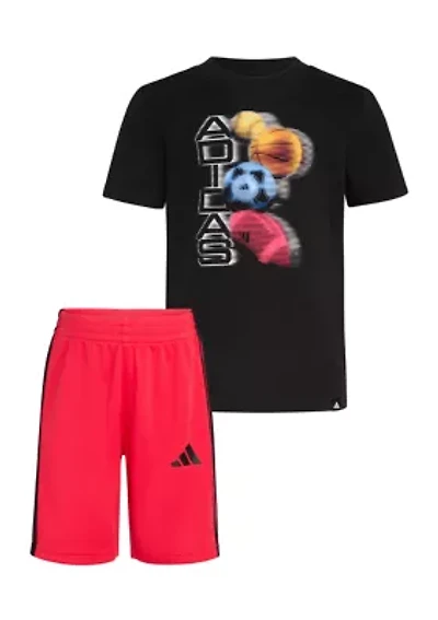 Boys 4-7 2 Piece Short Sleeve Graphic Cotton T-Shirt and 3-Stripe Shorts Set