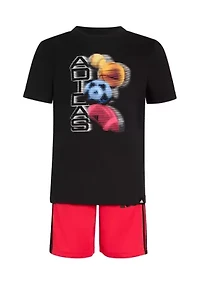 Boys 4-7 2 Piece Short Sleeve Graphic Cotton T-Shirt and 3-Stripe Shorts Set