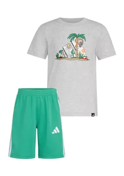 Boys 4-7 2-Piece Short Sleeve Graphic Cotton Heather T-Shirt and 3-Stripe Shorts Set