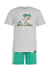 Boys 4-7 2-Piece Short Sleeve Graphic Cotton Heather T-Shirt and 3-Stripe Shorts Set