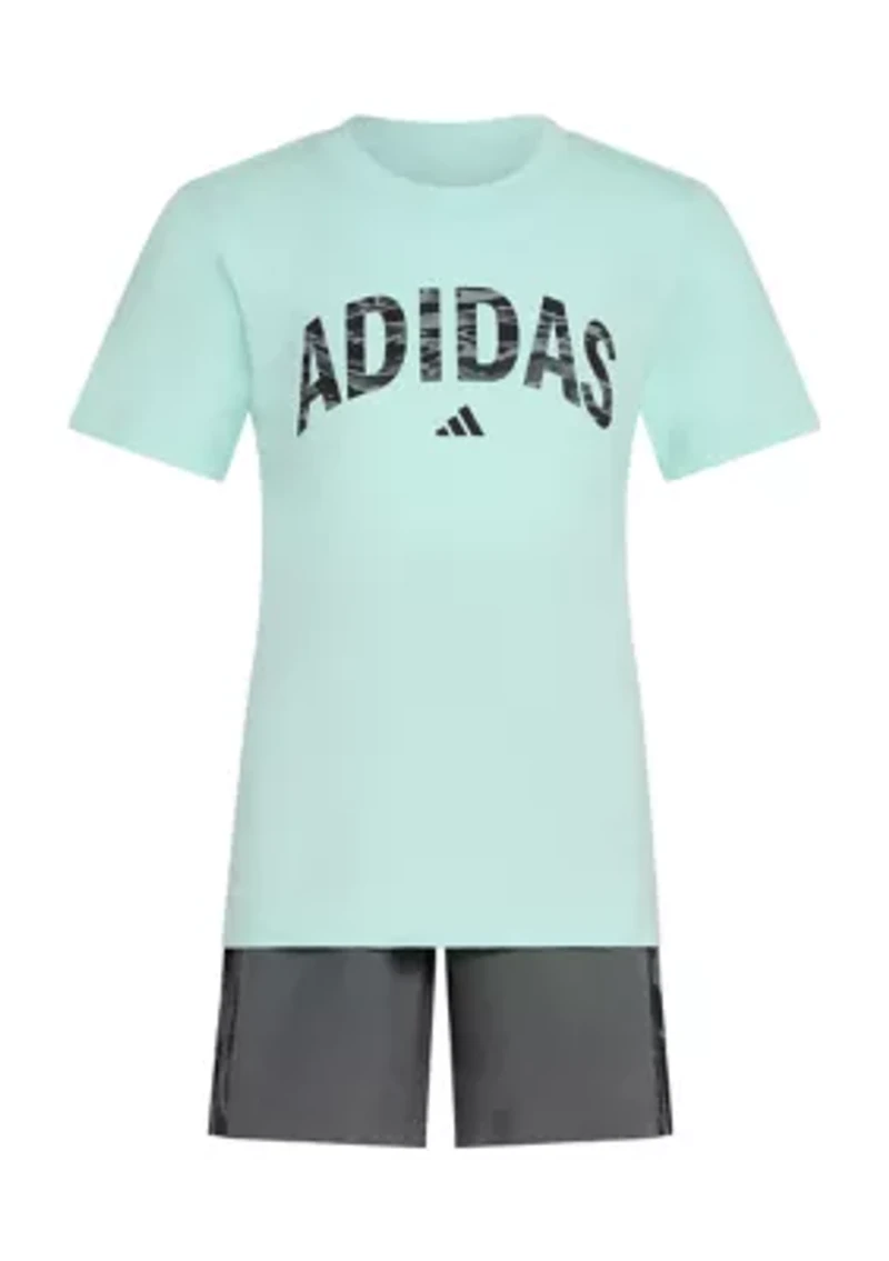 Boys 4-7 2 Piece Short Sleeve T-Shirt and Camo 3-Stripe Woven Set