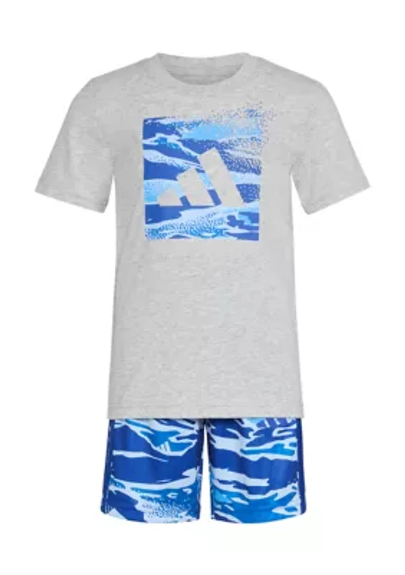 Boys 4-7 Two Piece Short Sleeve Cotton Heather T-Shirt & Elastic Waistband Printed Shorts Set