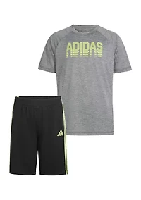 Boys 8-20 Two Piece Polyester Mélange T-Shirt & 3-Stripe Shorts Set