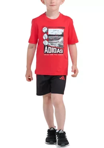 Boys 4-7 Two-Piece Short Sleeve Graphic Cotton Tee & 3-Stripe Set