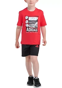 Boys 4-7 Two-Piece Short Sleeve Graphic Cotton Tee & 3-Stripe Set