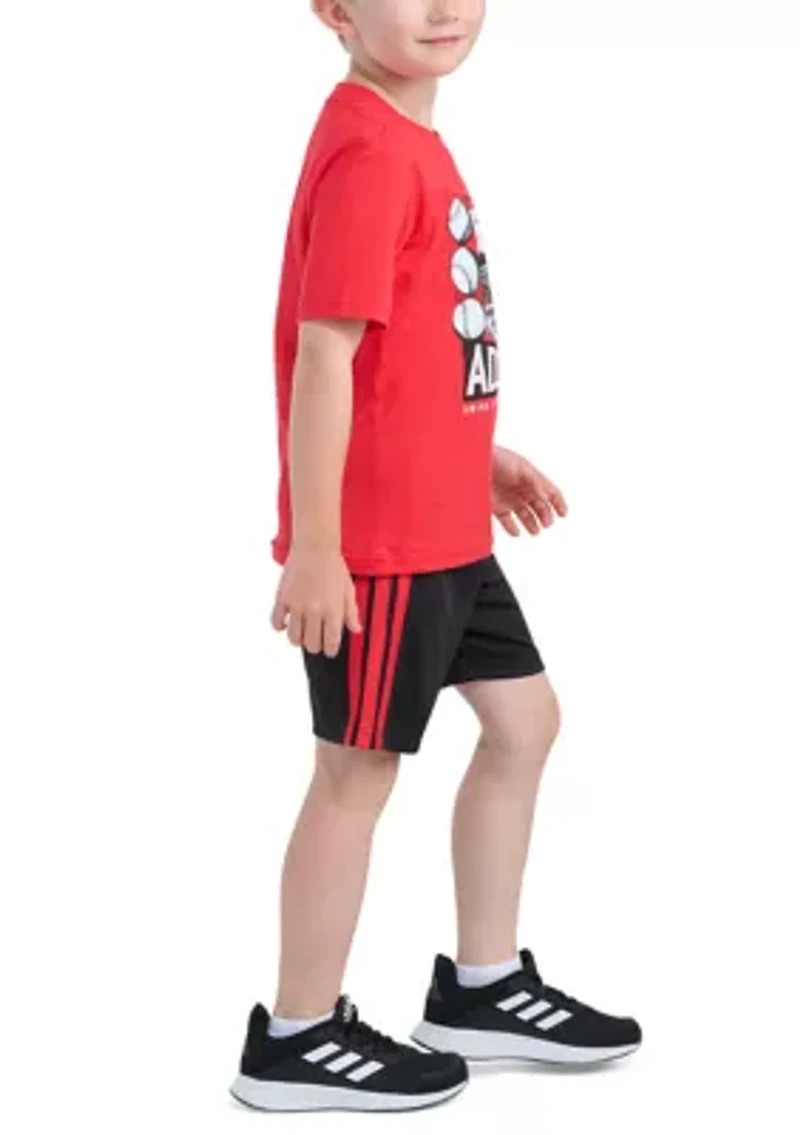 Boys 4-7 Two-Piece Short Sleeve Graphic Cotton Tee & 3-Stripe Set