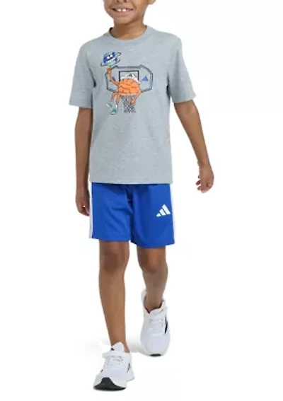 Boys 4-7 Two-Piece Short Sleeve Graphic Cotton Heather T-Shirt & 3-Stripe Set