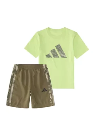 Boys 4-7 Two-Piece Short Sleeve Camo 3-Stripe T-Shirt & Woven Set