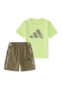 Boys 4-7 Two-Piece Short Sleeve Camo 3-Stripe T-Shirt & Woven Set