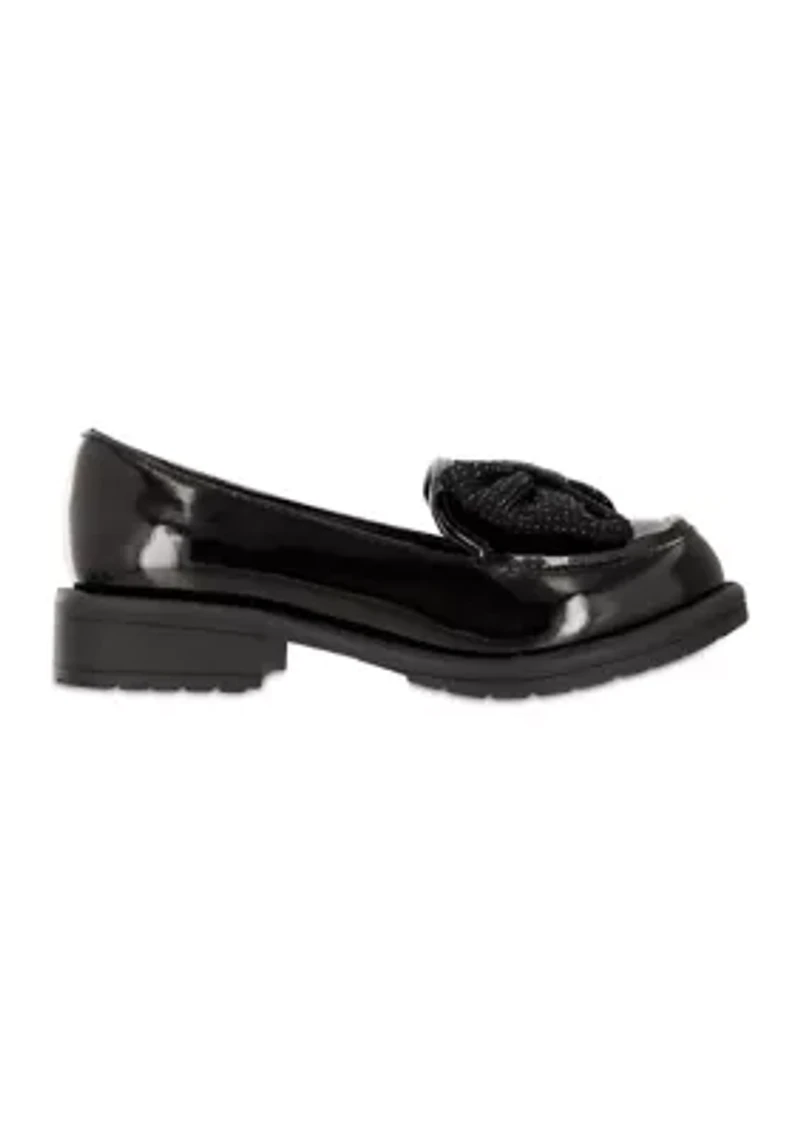 Girls Studded Bow Patent Loafer Flats