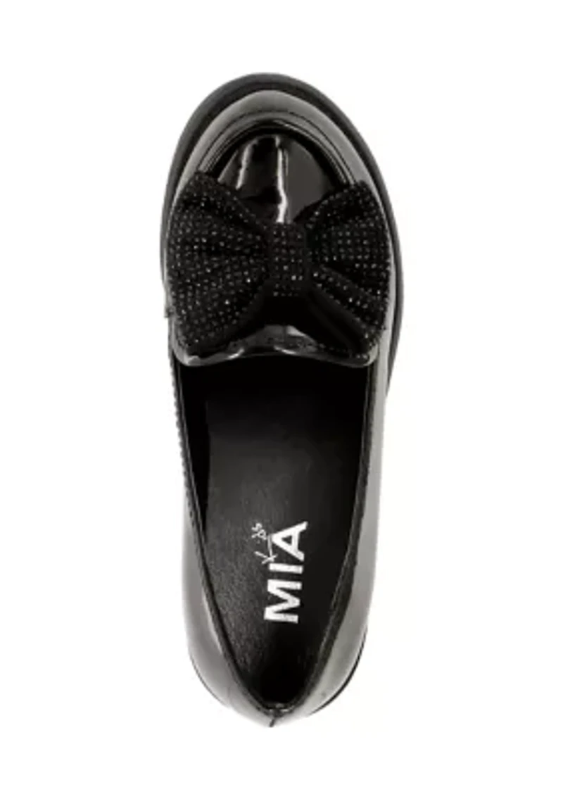 Girls Studded Bow Patent Loafer Flats