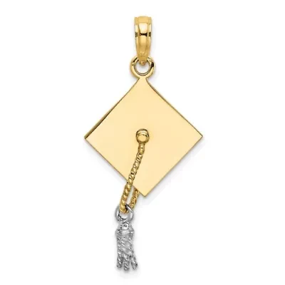 10K Yellow Gold with White Rhodium 3D Graduation Cap Moveable Tassle Charm
