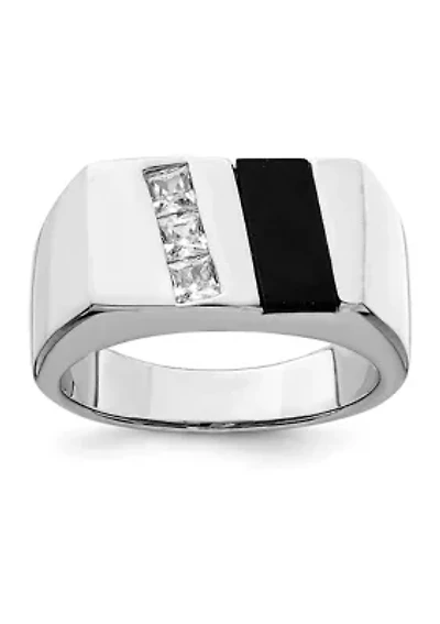 Men's Sterling Silver Rhodium-Plated Cubic Zirconia and Onyx Ring