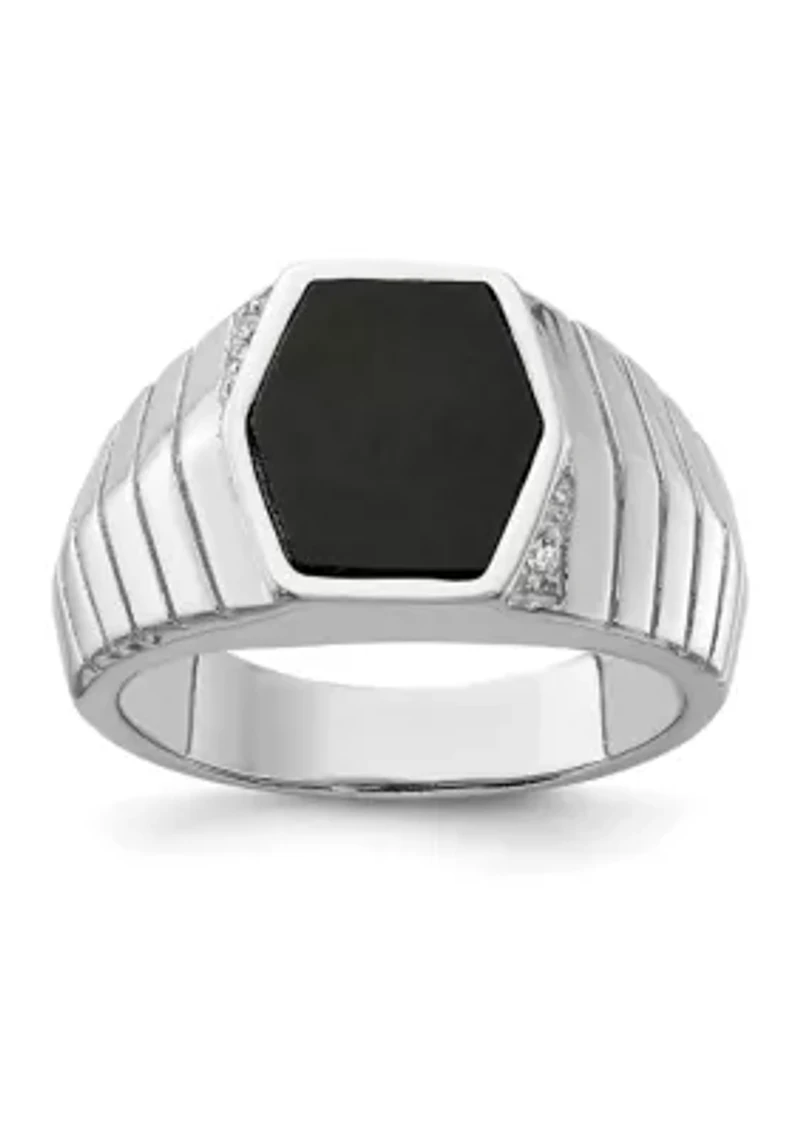 Men's Sterling Silver Rhodium-Plated Cubic Zirconia and Onyx Ring