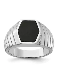 Men's Sterling Silver Rhodium-Plated Cubic Zirconia and Onyx Ring