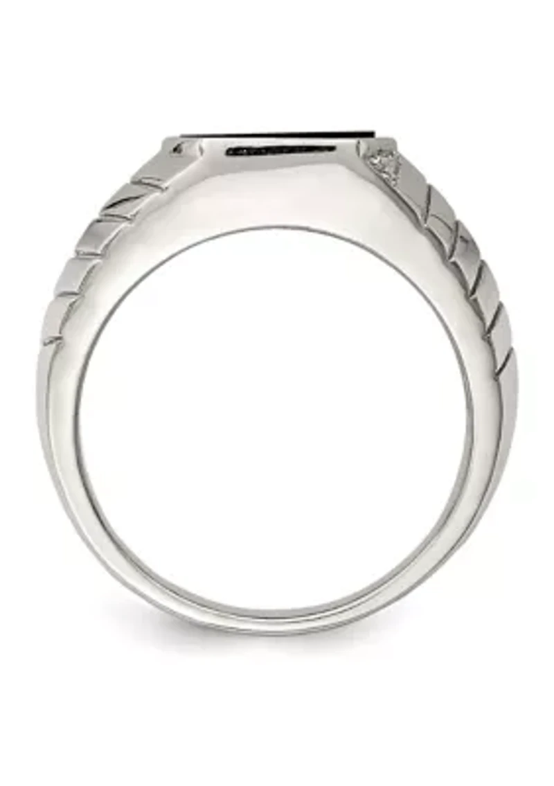 Men's Sterling Silver Rhodium-Plated Cubic Zirconia and Onyx Ring