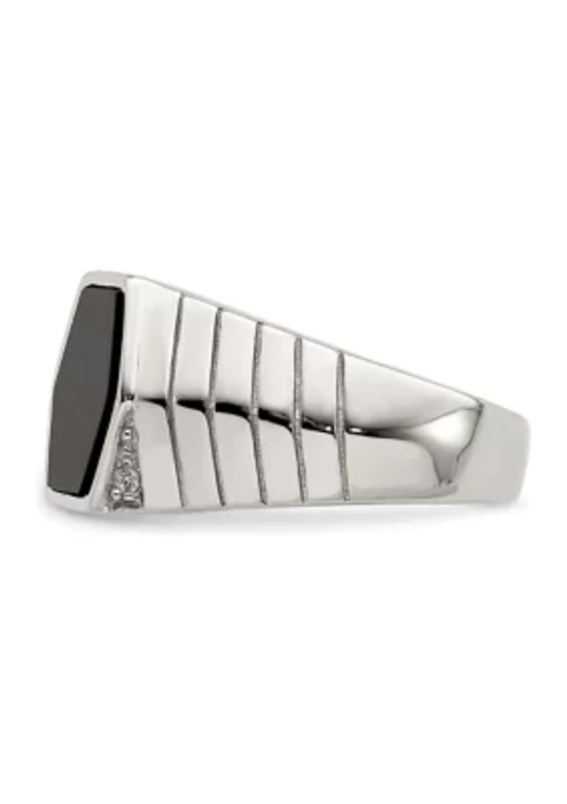 Men's Sterling Silver Rhodium-Plated Cubic Zirconia and Onyx Ring