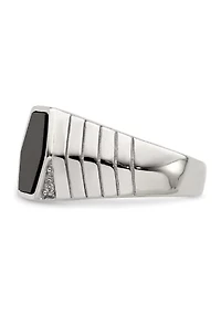Men's Sterling Silver Rhodium-Plated Cubic Zirconia and Onyx Ring