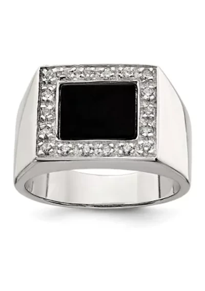 Men's Sterling Silver Cubic Zirconia and Onyx Ring