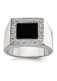 Men's Sterling Silver Cubic Zirconia and Onyx Ring