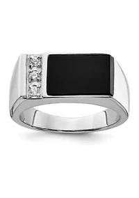 Men's Sterling Silver Rhodium-Plated Onyx and Cubic Zirconia Ring