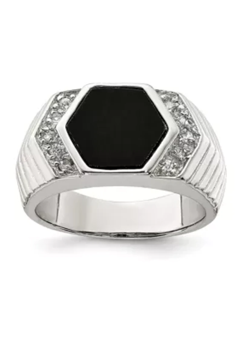 Men's Sterling Silver Cubic Zirconia and Onyx Ring