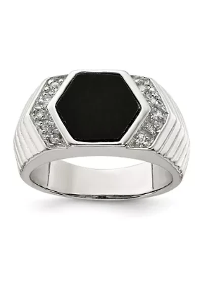 Men's Sterling Silver Cubic Zirconia and Onyx Ring