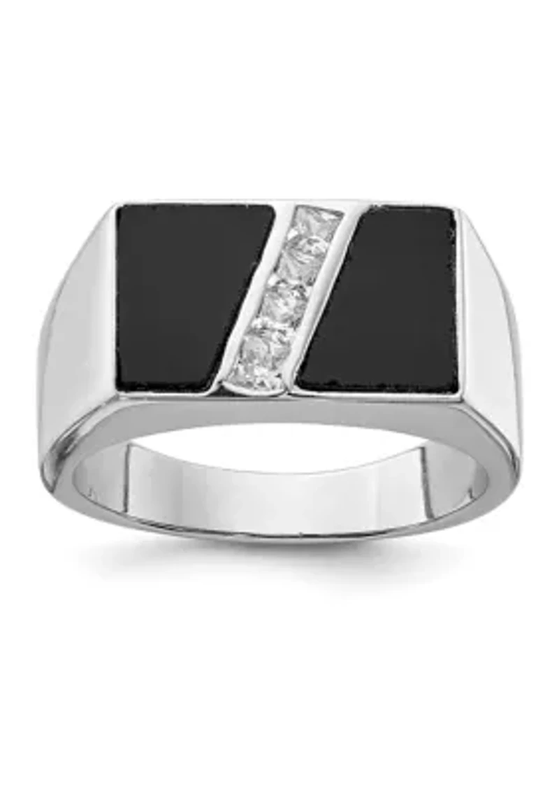 Men's Sterling Silver Rhodium-Plated Cubic Zirconia and Onyx Ring