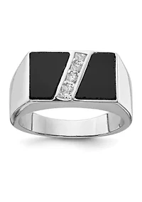 Men's Sterling Silver Rhodium-Plated Cubic Zirconia and Onyx Ring