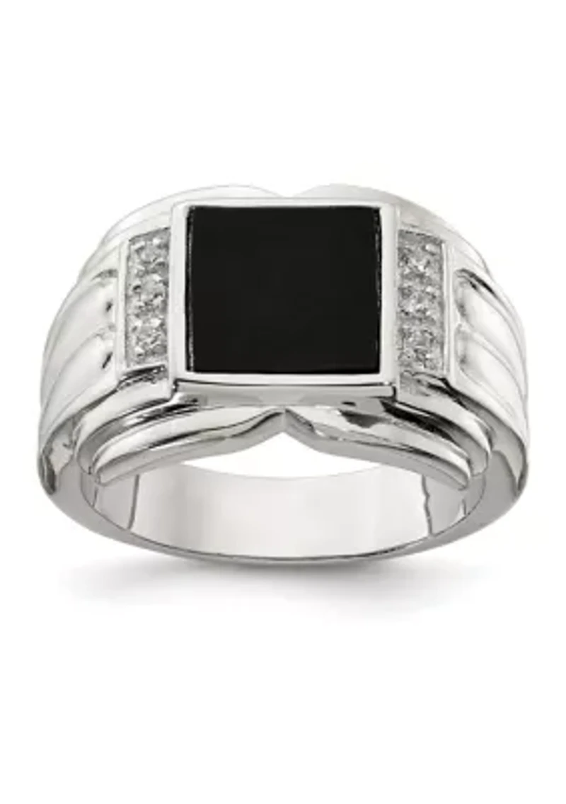 Men's Sterling Silver Cubic Zirconia and Onyx Ring