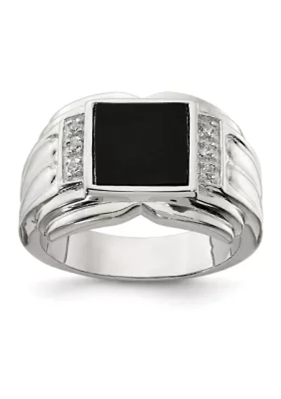 Men's Sterling Silver Cubic Zirconia and Onyx Ring