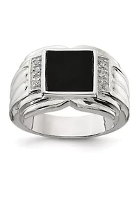 Men's Sterling Silver Cubic Zirconia and Onyx Ring