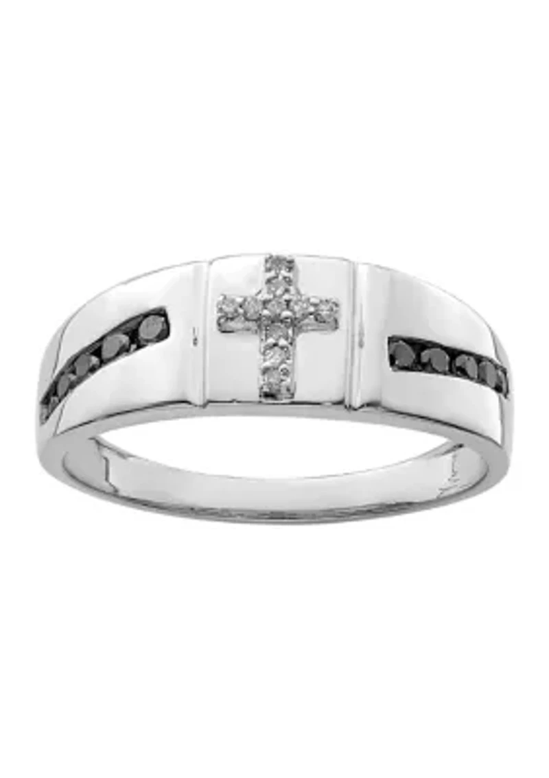 Men's 1/4 ct. t.w. White and Black Diamond Cross Ring Rhodium Plated Sterling Silver