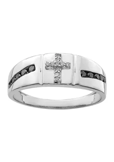 Men's 1/4 ct. t.w. White and Black Diamond Cross Ring Rhodium Plated Sterling Silver