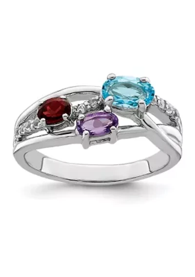 1.08 ct. t.w. Swiss Blue Topaz, Amethyst, Garnet and White Topaz Oval Ring Rhodium-Plated Sterling Silver