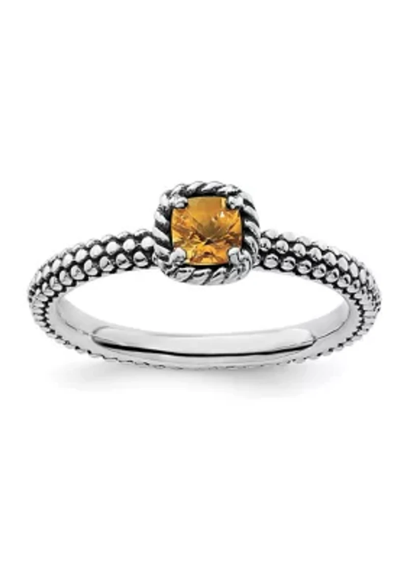 1/5 ct. t.w. Checker-cut Citrine Antiqued Stackable Expressions Ring Sterling Silver