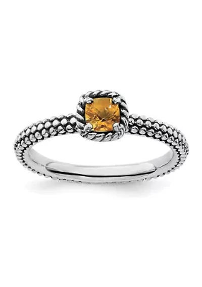1/5 ct. t.w. Checker-cut Citrine Antiqued Stackable Expressions Ring Sterling Silver