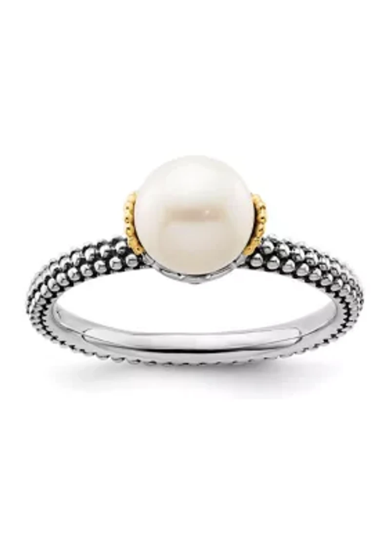 Sterling Silver and 14K Yellow Gold Stackable Expressions 7.0-7.5mm White Freshwater Cultured Pearl Ring