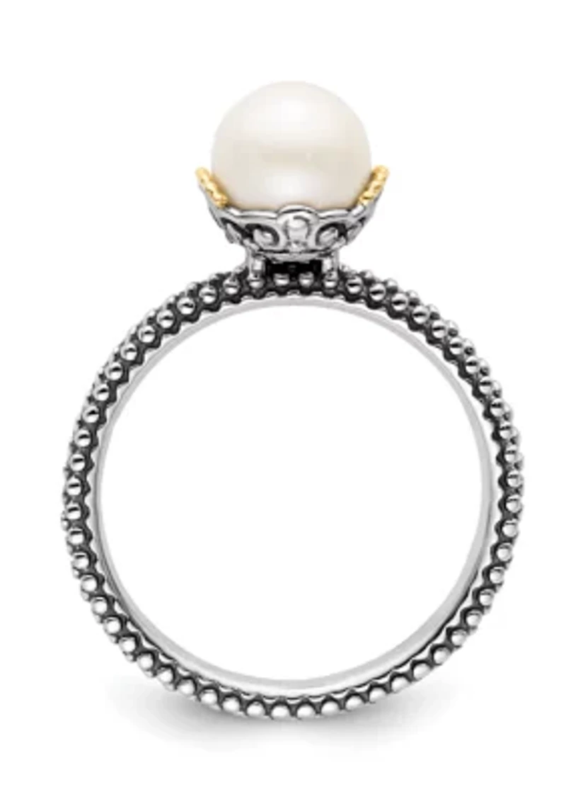 Sterling Silver and 14K Yellow Gold Stackable Expressions 7.0-7.5mm White Freshwater Cultured Pearl Ring