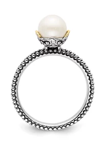 Sterling Silver and 14K Yellow Gold Stackable Expressions 7.0-7.5mm White Freshwater Cultured Pearl Ring