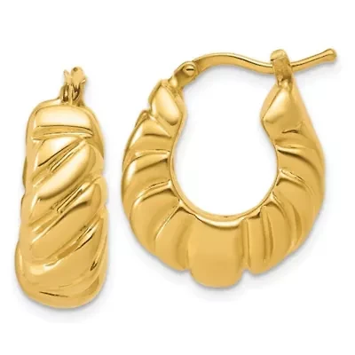 14K Yellow Gold Polished and Grooved Graduated Hollow Hoop Earrings