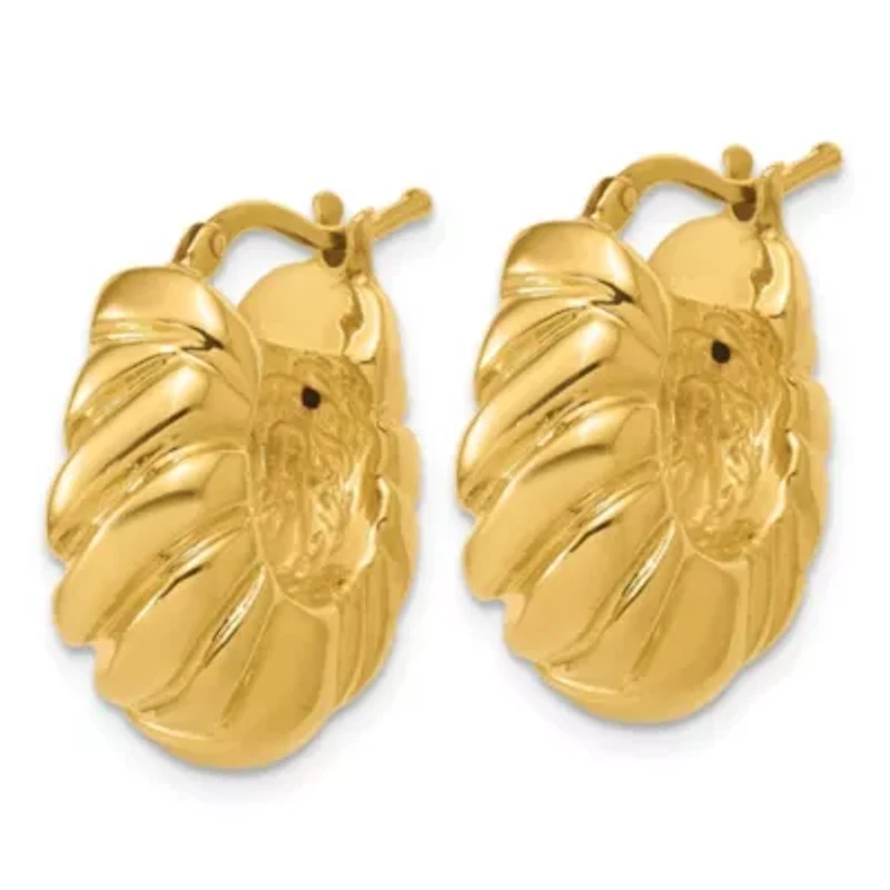 14K Yellow Gold Polished and Grooved Graduated Hollow Hoop Earrings