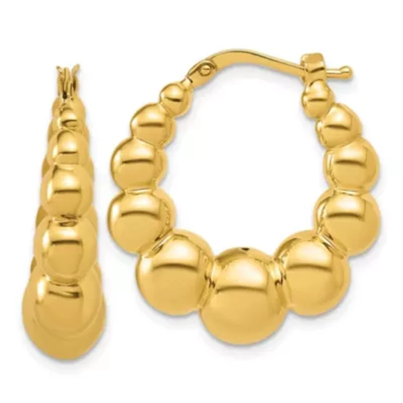 14K Yellow Gold Polished and Beaded Graduated Hollow Hoop Earrings