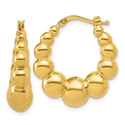 14K Yellow Gold Polished and Beaded Graduated Hollow Hoop Earrings