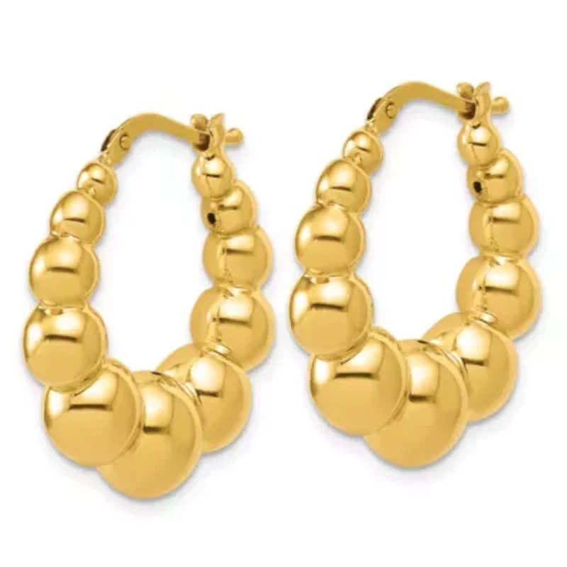 14K Yellow Gold Polished and Beaded Graduated Hollow Hoop Earrings
