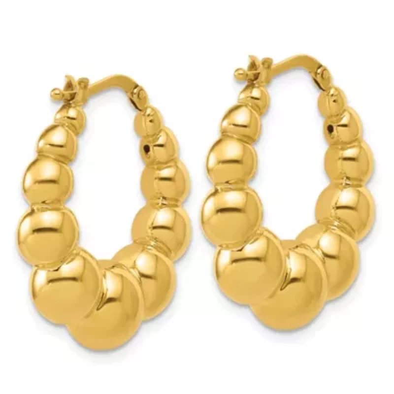 14K Yellow Gold Polished and Beaded Graduated Hollow Hoop Earrings