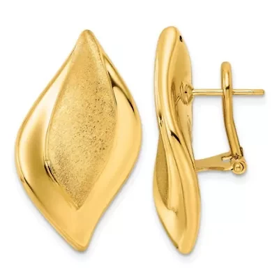 14K Yellow Gold Polished and Satin Waved Leaf Omega Back Earrings