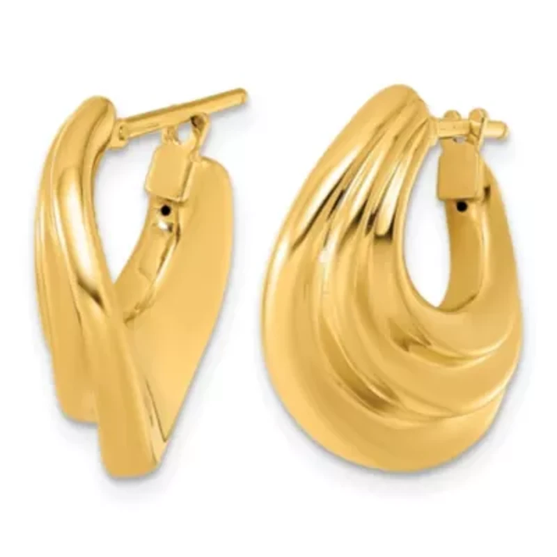 14K Yellow Gold Polished Tri-Layer Waved Hoop Earrings
