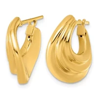 14K Yellow Gold Polished Tri-Layer Waved Hoop Earrings